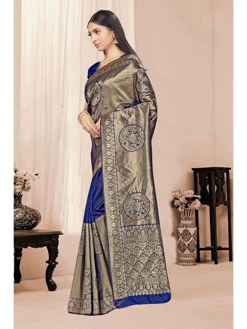 Sangria Navy Blue Ethnic Motifs Woven Design Zari Silk Blend Banarasi Saree - Image 2