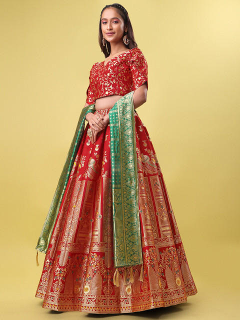 PURVAJA Woven Design V-Neck Ready to Wear Lehenga & Unstitched Blouse With Dupatta - Image 5