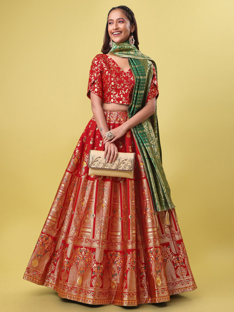 PURVAJA Woven Design V-Neck Ready to Wear Lehenga & Unstitched Blouse With Dupatta - Image 7