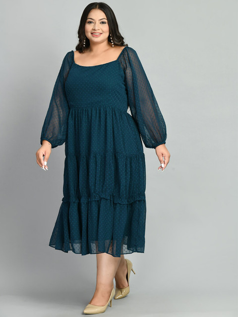PrettyPlus by Desinoor.com Plus Size Self Design Tiered Fit and Flare Midi Dress - Image 4