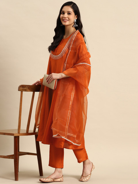 Sangria Ethnic Motifs Embroidered Mirror Work Silk Crepe Kurta with Trousers & Dupatta