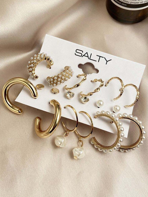 SALTY Women Set of 9 Chunky Freshwater Pearl Hoop Earrings