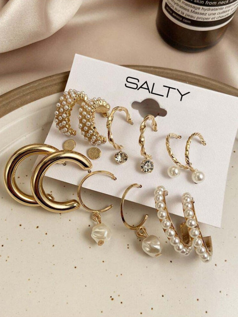 SALTY Women Set of 9 Chunky Freshwater Pearl Hoop Earrings - Image 2