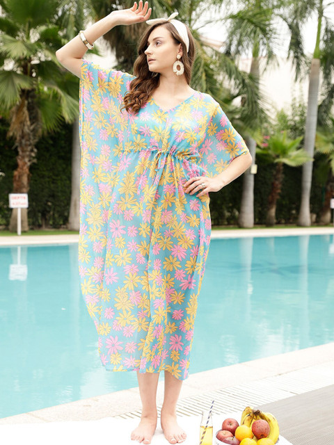 STREET 9 Blue Floral Printed Swimwear Cover up Top