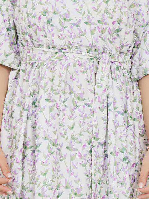 Styli Plus Size Floral Printed Waist Tie-Ups Flared Sleeves A-Line Dress - Image 2