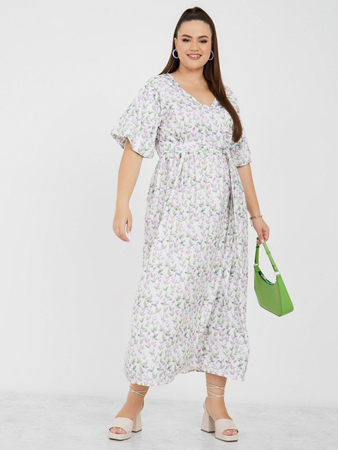 Styli Plus Size Floral Printed Waist Tie-Ups Flared Sleeves A-Line Dress - Image 4