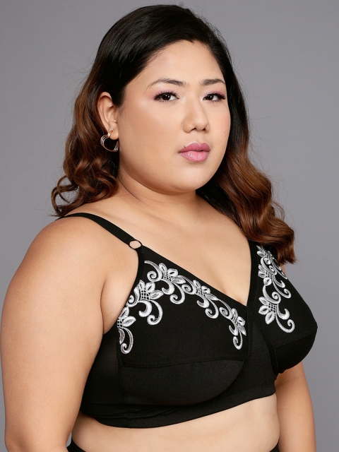 Clovia Black & Grey Floral Embroidered Non-Padded Full Coverage Cut & Sew Cotton Bra - Image 3