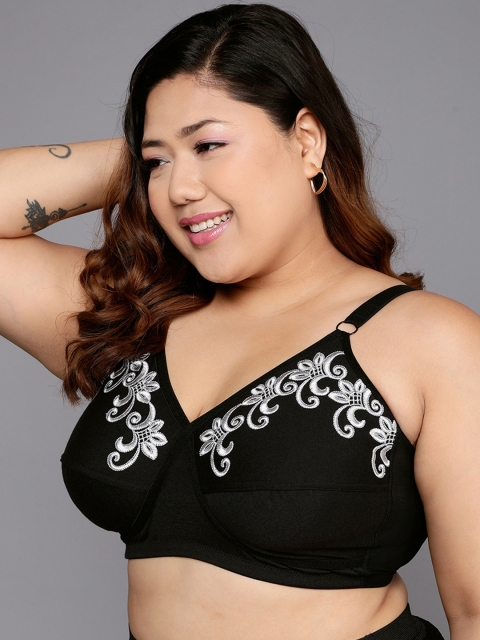 Clovia Black & Grey Floral Embroidered Non-Padded Full Coverage Cut & Sew Cotton Bra - Image 2
