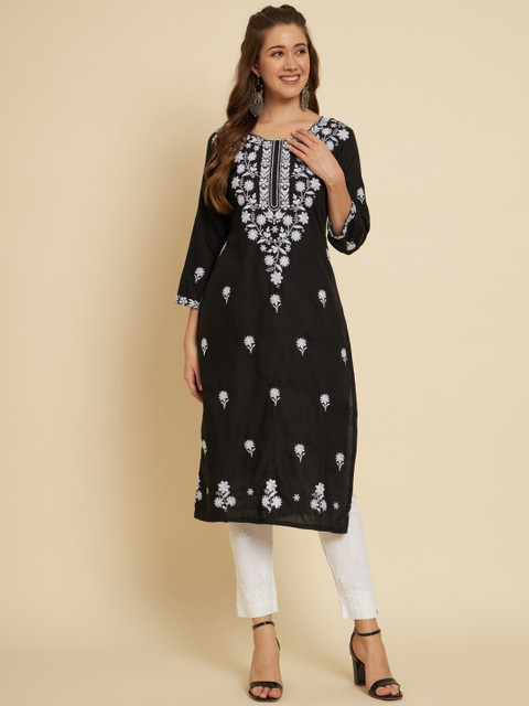 HERE&NOW Black & White Ethnic Motifs Chikankari Embroidered Cotton Kurta