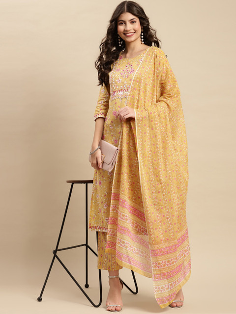 Sangria Yellow & Pink Floral Printed Pure-Cotton Straight Kurta With Trouser & Dupatta