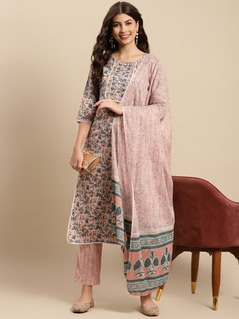 Sangria Peach & Blue Floral-Printed Pure-Cotton Straight Kurta With Trouser & Dupatta - Image 7