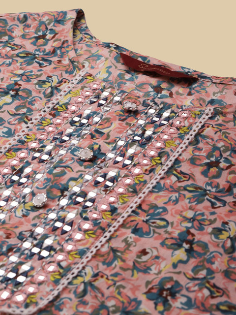 Sangria Peach & Blue Floral-Printed Pure-Cotton Straight Kurta With Trouser & Dupatta - Image 2