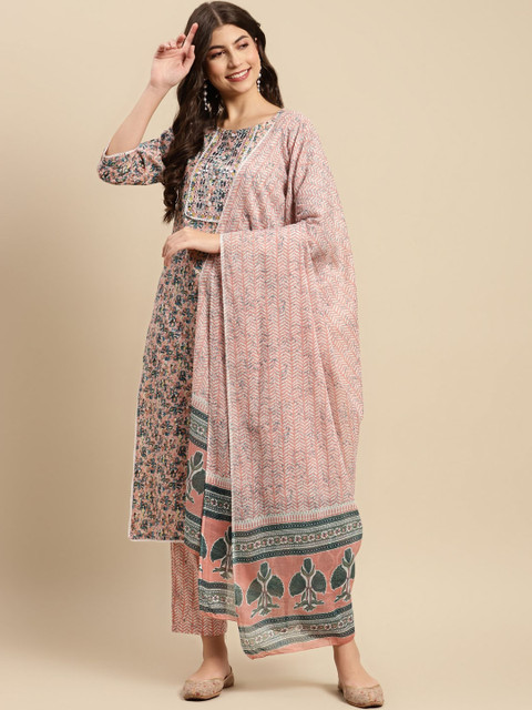 Sangria Peach & Blue Floral-Printed Pure-Cotton Straight Kurta With Trouser & Dupatta