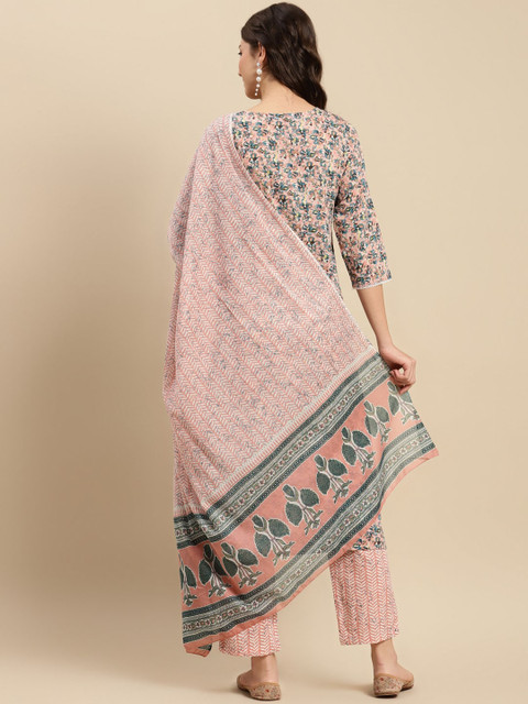 Sangria Peach & Blue Floral-Printed Pure-Cotton Straight Kurta With Trouser & Dupatta - Image 6