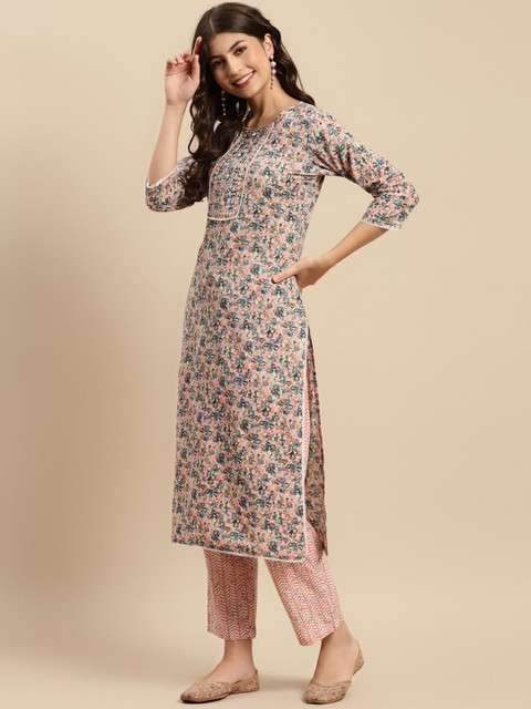 Sangria Peach & Blue Floral-Printed Pure-Cotton Straight Kurta With Trouser & Dupatta - Image 5