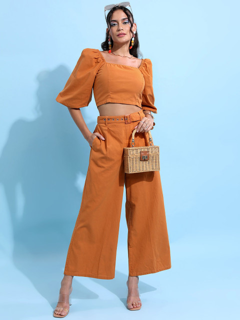 Tokyo Talkies Women Cotton Crop Top with Flared Trousers