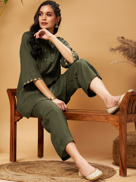 Shae by SASSAFRAS Zari Embroidered Shirt Collar Tunic Top With Palazzos Co-Ords - Image 6