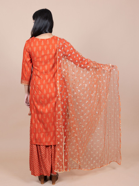 HERE&NOW Orange & Gold-Toned Ethnic Motifs Embroidered Dupatta - Image 3