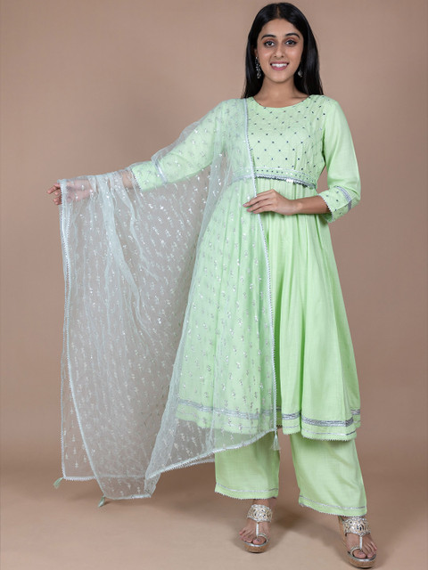 HERE&NOW Green & Silver-Toned Ethnic Motifs Embroidered Dupatta