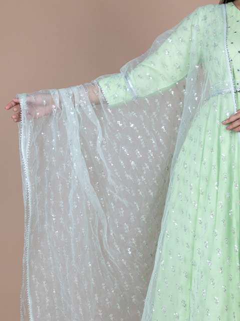 HERE&NOW Green & Silver-Toned Ethnic Motifs Embroidered Dupatta - Image 2