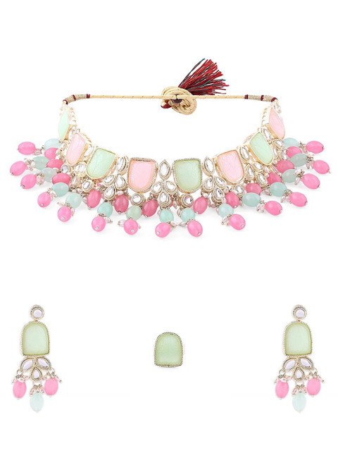 Zaveri Pearls Gold-Plated Kundan-Studded & Beaded Necklace & Earrings With Ring - Image 2