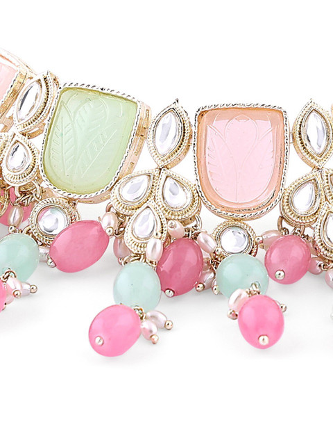 Zaveri Pearls Gold-Plated Kundan-Studded & Beaded Necklace & Earrings With Ring - Image 3