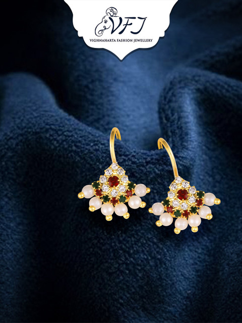 Vighnaharta Gold-Plated Stone-Studded & Pearls Bugadi Earrings