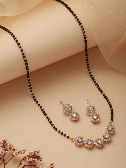 Jazz and Sizzle Gold-Plated Stone-Studded Beaded Mangalsutra With Earrings