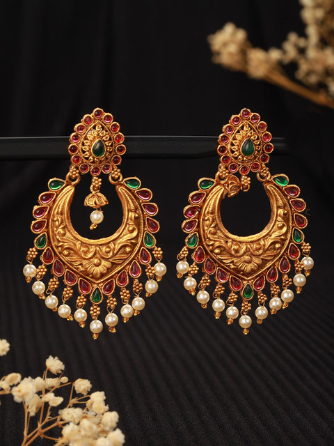 Jazz and Sizzle Gold-Plated Stone Studded & Beaded Crescent Shaped Chandbalis Earrings