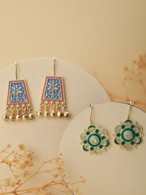 Jazz and Sizzle Set Of 2 Gold-Plated Stone-Studded Contemporary Drop Earrings