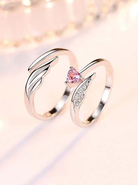 Fashion Frill Set Of 2 Silver-Plated CZ-Studded Couple Finger Rings