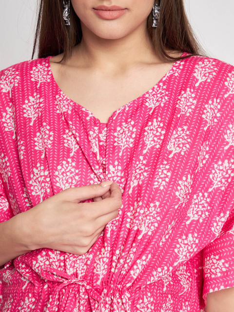 Aujjessa Floral Printed V-Neck Pure Cotton Maternity Feeding Kaftan Maxi Dress - Image 2