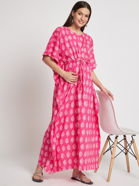 Aujjessa Floral Printed V-Neck Pure Cotton Maternity Feeding Kaftan Maxi Dress - Image 6