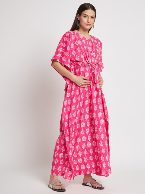 Aujjessa Floral Printed V-Neck Pure Cotton Maternity Feeding Kaftan Maxi Dress - Image 3