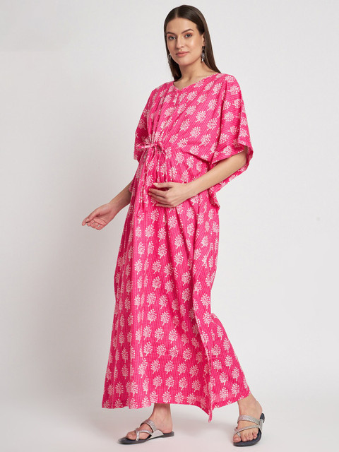 Aujjessa Floral Printed V-Neck Pure Cotton Maternity Feeding Kaftan Maxi Dress - Image 4