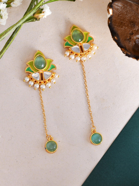Voylla Gold-Pleated Stones and Pearls Enamelled Drop Earrings
