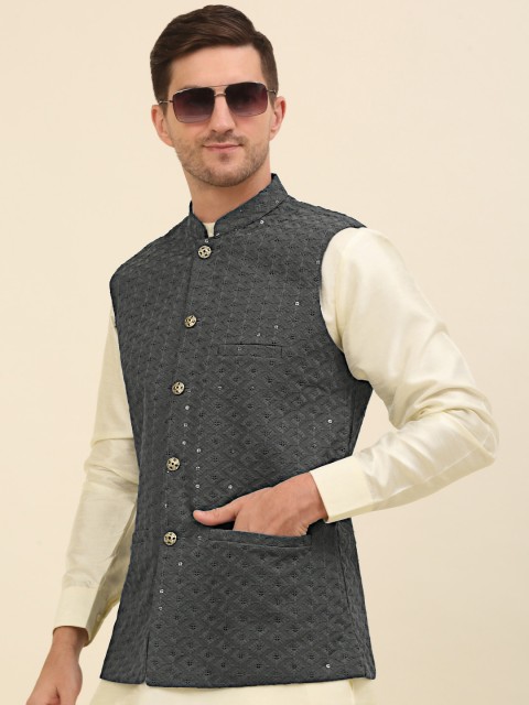 Anouk Grey Embroidered Sequinned Nehru Jacket - Image 4