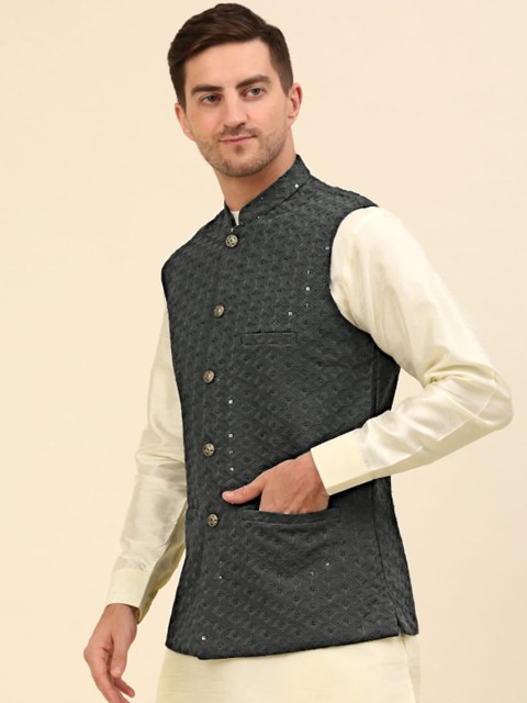 Anouk Grey Embroidered Sequinned Nehru Jacket - Image 3