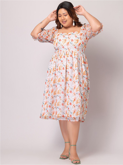 FabAlley Curve Plus Size Floral Print Puff Sleeve Georgette Fit & Flare Midi Dress - Image 5