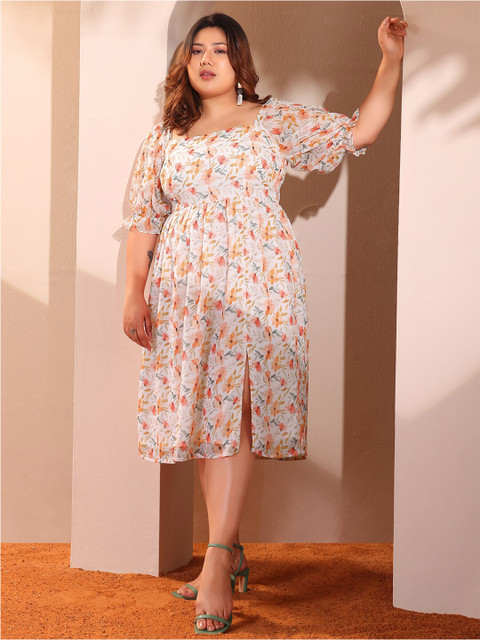 FabAlley Curve Plus Size Floral Print Puff Sleeve Georgette Fit & Flare Midi Dress - Image 6