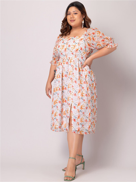 FabAlley Curve Plus Size Floral Print Puff Sleeve Georgette Fit & Flare Midi Dress - Image 3