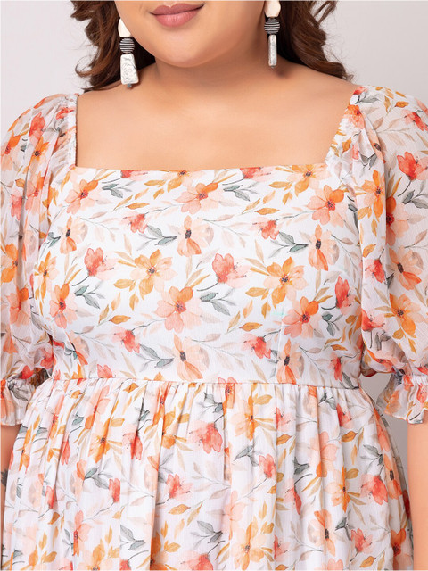 FabAlley Curve Plus Size Floral Print Puff Sleeve Georgette Fit & Flare Midi Dress - Image 2