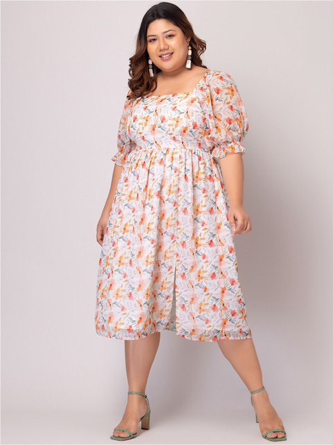 FabAlley Curve Plus Size Floral Print Puff Sleeve Georgette Fit & Flare Midi Dress