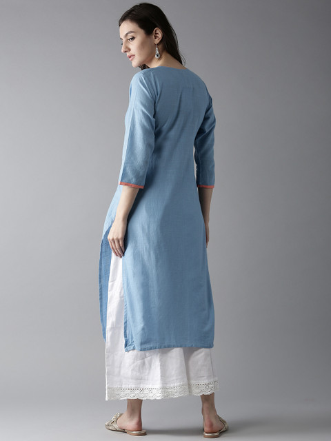 Moda Rapido Women Blue Embroidered Detail Straight Kurta - Image 3