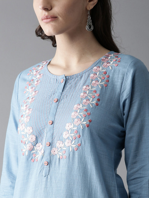 Moda Rapido Women Blue Embroidered Detail Straight Kurta - Image 2