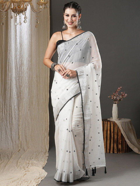 Anouk White & Black Floral Printed Zari Silk Cotton Saree