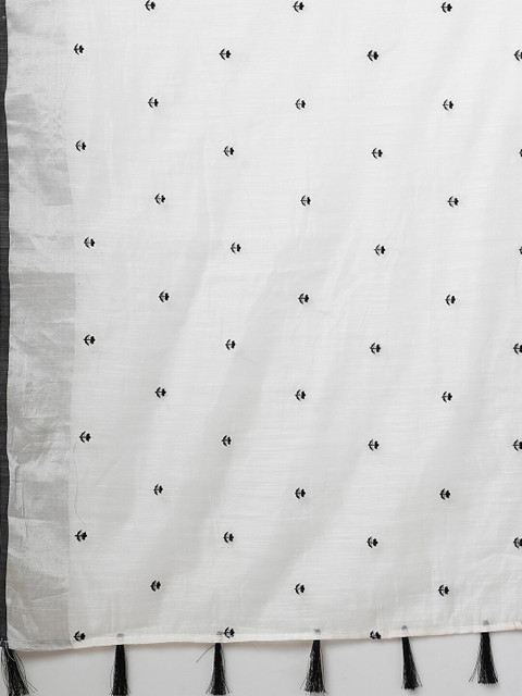 Anouk White & Black Floral Printed Zari Silk Cotton Saree - Image 6