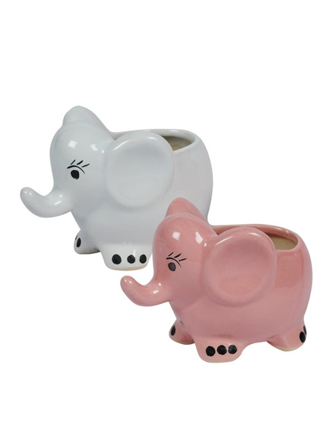 CDI 2-Pcs Pink & White Textured Elephant Shaped Ceramic Planters - Image 3