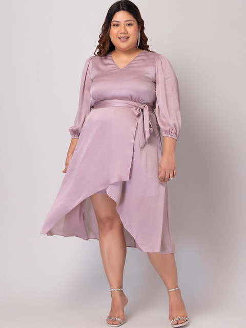 FabAlley Plus Size Puffed Sleeves Belted Warp Dress - Image 2