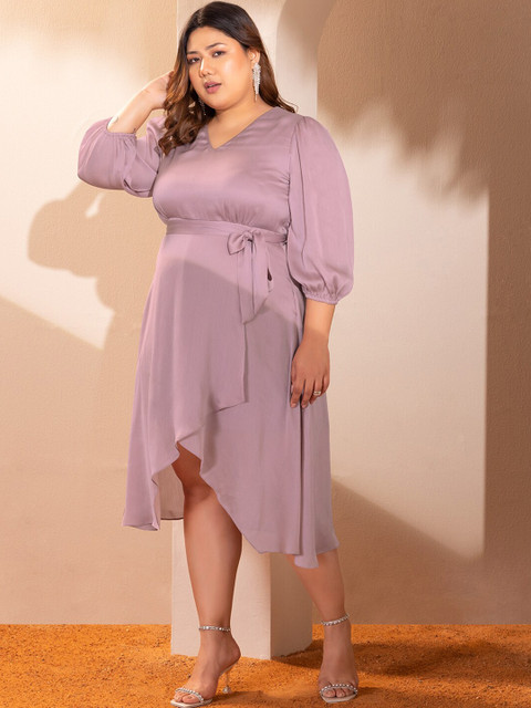 FabAlley Plus Size Puffed Sleeves Belted Warp Dress